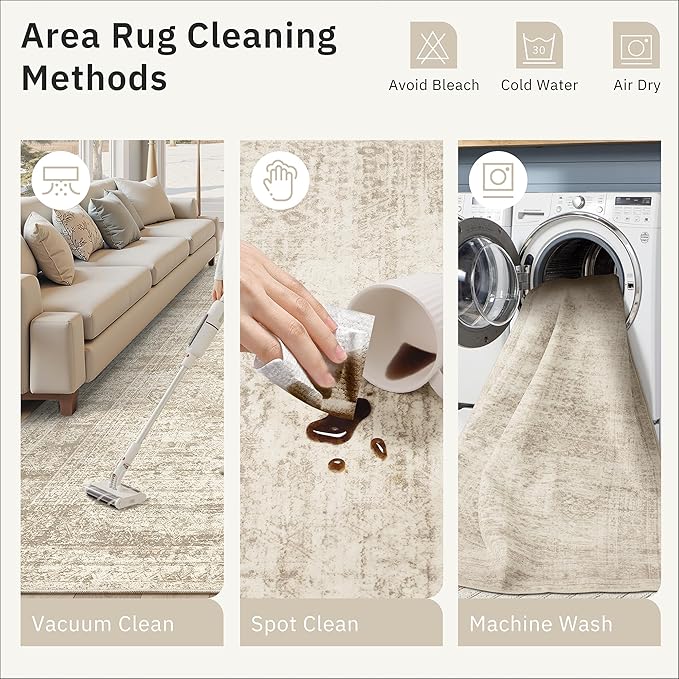 5x8 Area Rugs Beige Low Pile Indoor Washable Trendy Faded Style Rugs for Bedroom Living Room Dining Room Foldable Non-Slip Thin Print Home Office Mat