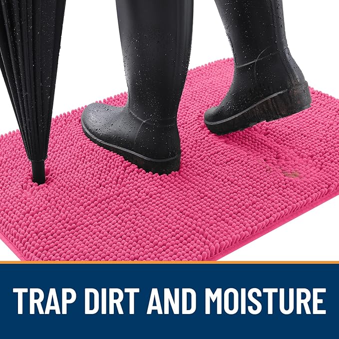 OLANLY Dog Door Mat for Muddy Paws 32x20, Absorbs Moisture and Dirt, Absorbent Non-Slip Washable Doormat, Quick Dry Chenille Mud Mat for Dogs, Entry Indoor Entryway Carpet for Inside Floor, Hot Pink