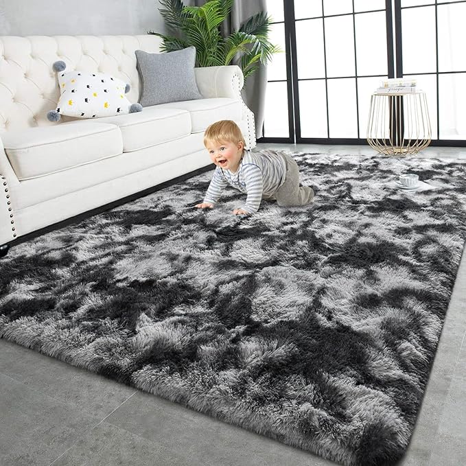 TWINNIS Super Soft Shaggy Rugs Fluffy Carpets 5x7 Feet, Indoor Modern Plush Area Rugs for Living Room Bedroom Kids Room Nursery Home Decor, Upgrade Anti-Skid Fuzzy Rug, Black and Grey