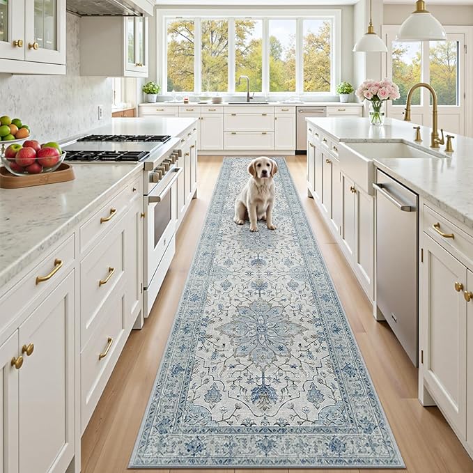 Area Rugs 2'6''x12' Runner Rug Non Slip Washable for Kitchen Hallway Bedroom Beside Laundry Room Bathroom Rug, Floor Carpet, Light Blue Navy Beige Gray White