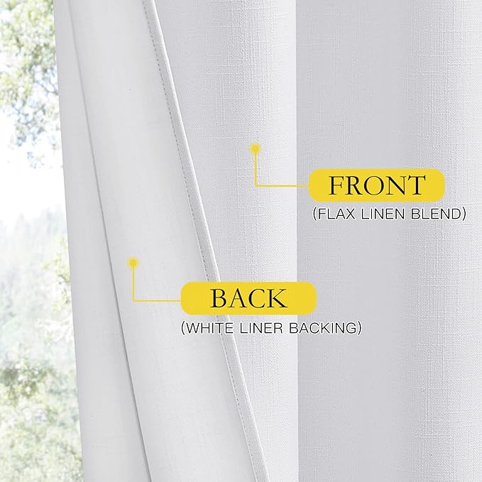 NICETOWN 100% Absolutely Blackout Linen Curtains with Thermal Insulated White Liner, White, 62" Wide, 2 Pieces, Privacy Vertical Window Drapes for Office Laundry Living Room Windows 72 inch Long