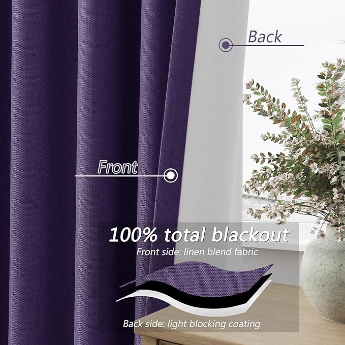 Guken 100% Blackout Curtains 102 Inch Length 2 Panels Set for Living Room Bedroom Back Tab Thermal Insulated Black Out Linen Drapes Room Darkening New Purple,52x102