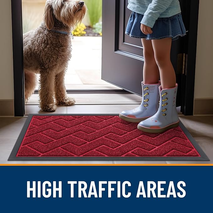 OLANLY Front Door Mat Indoor Outdoor Entrance, Waterproof All-Season, All-Weather Doormat, Sturdy Natural Rubber, Low Profile, Easy Clean Patio Porch Entryway Mat, Herringbone Brick (Wine Red, 59x35)