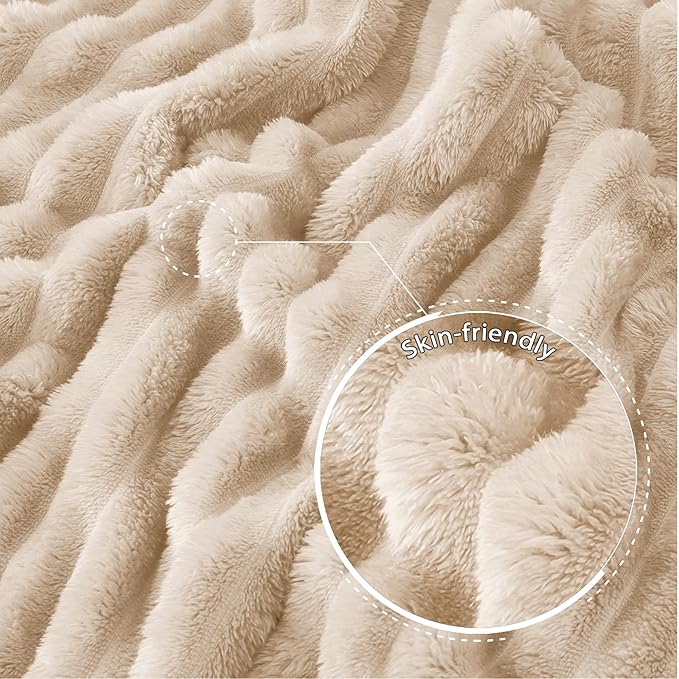 Exclusivo Mezcla Queen Size Flannel Fleece Blanket, Super Soft Striped Jacquard Bed Blanket, Lightweight Fuzzy Cozy for All Seasons, 90x90 Inches, Beige