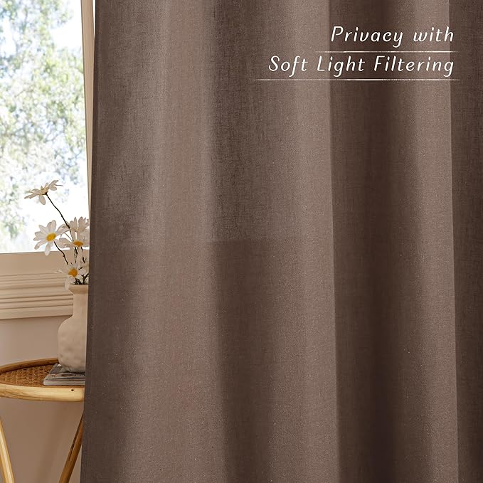 NICETOWN Linen Brown Curtains 84 inch Long, Grommet Privacy Added Thick Flax Window Treatments with Light Filtering Drapes for Bedroom/Farmhouse, W55 x L84, 2 Panels