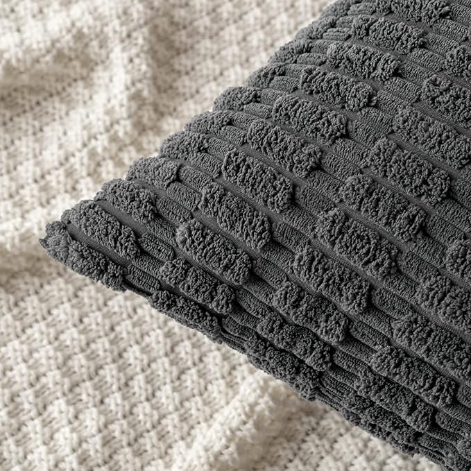 MIULEE Pack of 2 Corduroy Decorative Throw Pillow Covers 18x18 Inch Soft Boho Striped Pillow Covers Modern Farmhouse Home Decor for Sofa Living Room Couch Bed Dark Grey