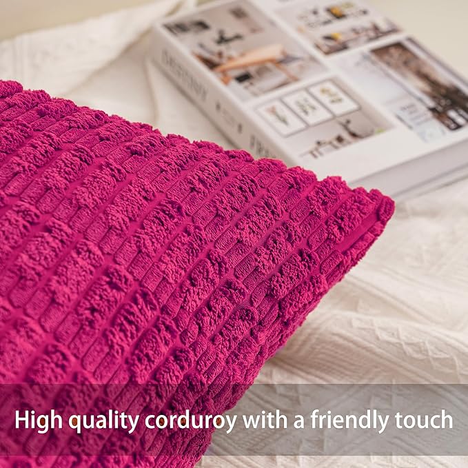 Pack of 2 Corduroy Decorative Throw Pillow Covers 12x20 Inch Soft Striped Pillow Covers Modern Farmhouse Home Decor for Sofa Living Room Couch Bed（Rose Red）