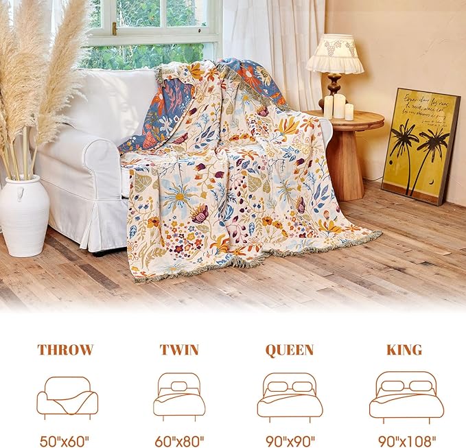 MSGKV Boho Throw Blanket for Bed 100% Cotton Floral Twin Size Couch Blanket 60"x80" Muslin Spring Breathable Lightweight Farmhouse Blankets All Seasons
