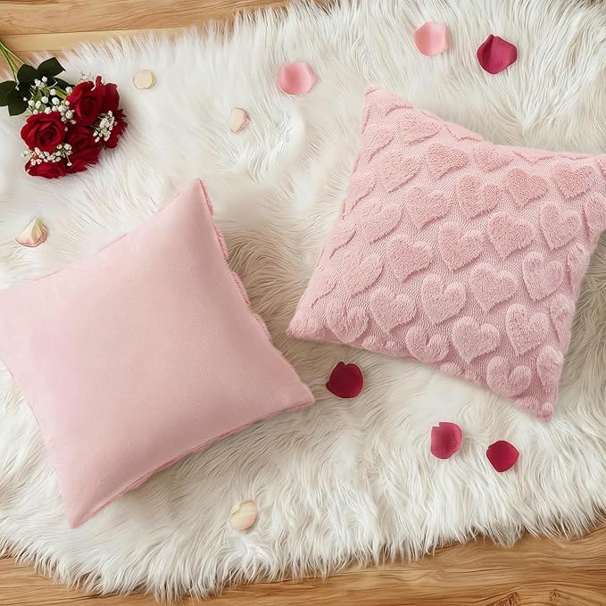 decorUhome Valentine’s Day Soft Plush Throw Pillow Covers 16x16 Inch Set of 2, Faux Fur Pink Heart Decoration Neutral Square Pillow Covers for Couch Sofa Bed Cozy Farmhouse Holiday Decor
