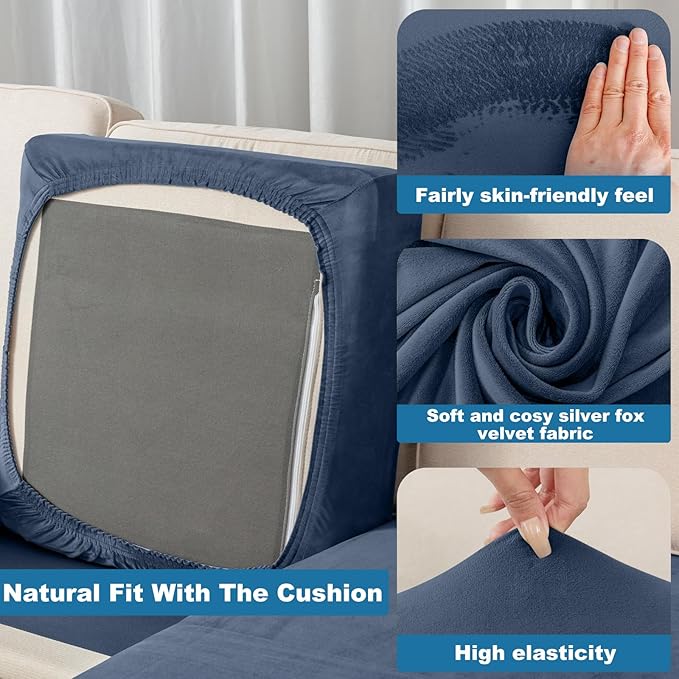 Couch Cover 4-Piece Elastic Velvet Couch Cushion Covers & Chaise Slipcovers for L-Shaped Sofas, Sofa Seat Covers Washable, Soft Cover for Couches (3 Seater + Chaise, Berlin Blue)