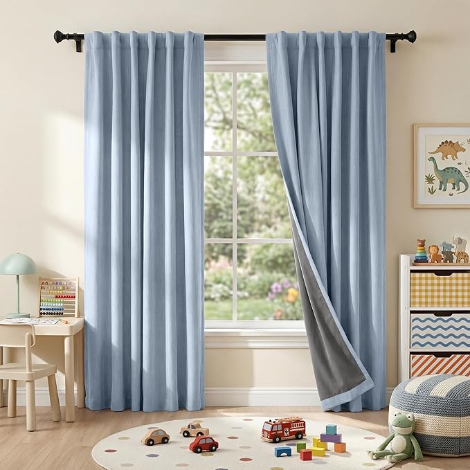 RYB HOME Linen Texture Curtains for Bedroom, 100% Blackout Thermal Insulated Curtains, Rod Pocket&Back Tab Room Darkening Drapes Luxury Decor for Living Room Nursery, W52xL96, 2 Panels, Smoky Blue