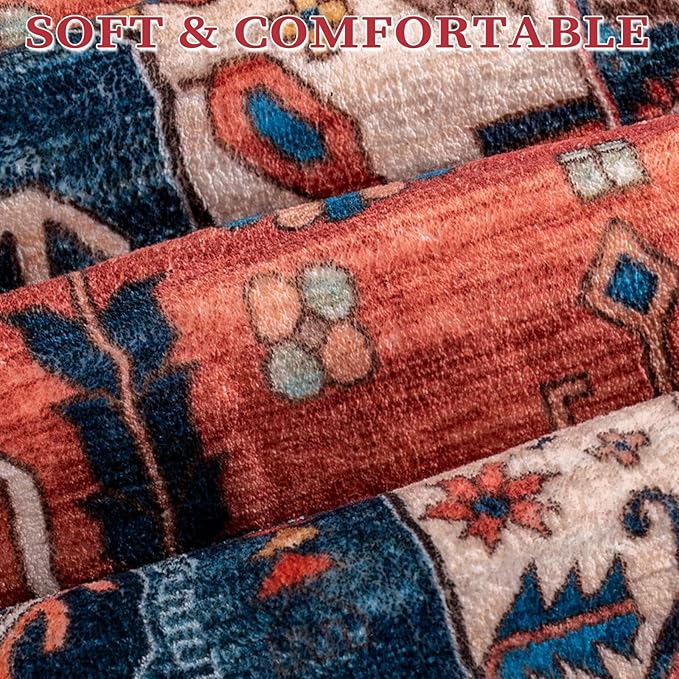 SERISSA Boho Round Area Rug, 5ft Washable Non-Slip Circle Rug, Ultra Soft Oriental Vintage Rust Low-Pile Circular Carpet for Bedroom Entryway Kids Room Office College Dorm Living Room