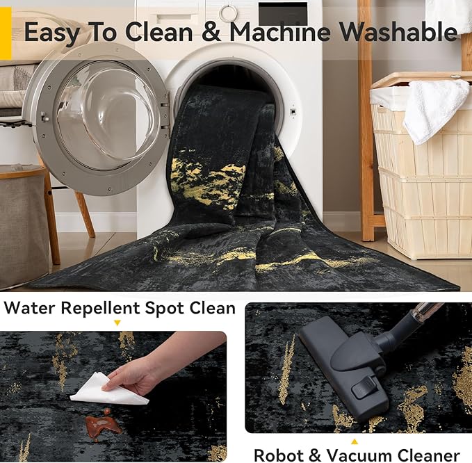 Washable Area Rugs 3x12 Non-Slip Modern Abstract Soft for Living Room Entryway Bedroom Nursery, Print Pattern, Dark Black Gold