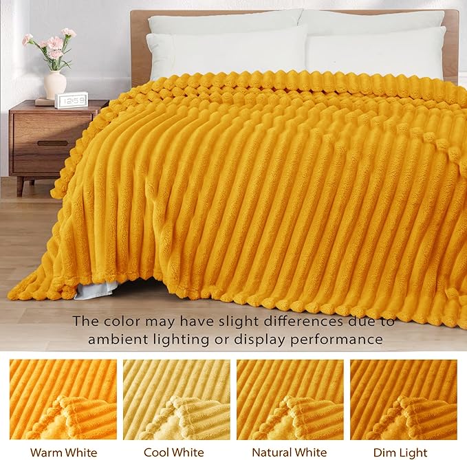 Exclusivo Mezcla Fleece Throw Blanket for Couch, Super Soft Striped Jacquard Bed Blanket, Lightweight Fuzzy Cozy for All Seasons, 50x60 Inches, Mustard Yellow