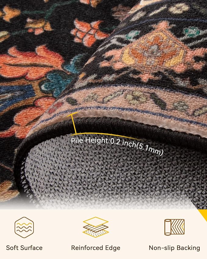 Area Rugs 2'x3' Kitchen Rugs Entry Rug Small Rugs for Entryway Kitchen Bathroom Door Mat Indoor Entrance,Washable Non Slip, Black Colorful Floral Dark Tan