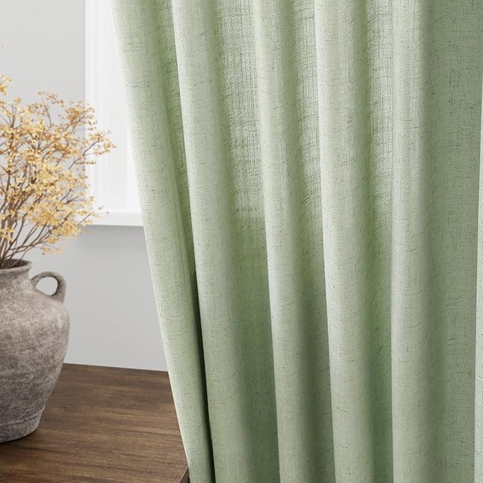 Mist Sage Linen Curtains 63 Inches Long 2 Panel Sets for Living Room Bedroom Rod Pocket Back Tab Light Filtering Drape for Kitchen Window Short Protect Privacy Curtain Modern Farmhouse Decor 52x63