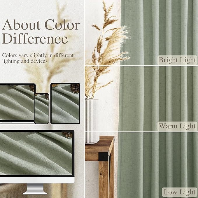 Desert Sage Linen Curtains for Living Room 98 Inches Long Light Filtering Semi Sheer Curtain Back Tab Rustic Farmhouse Decor Elegant Luxury Boho Drapes for Bedroom Dinner Room 52x98, 2 Panels