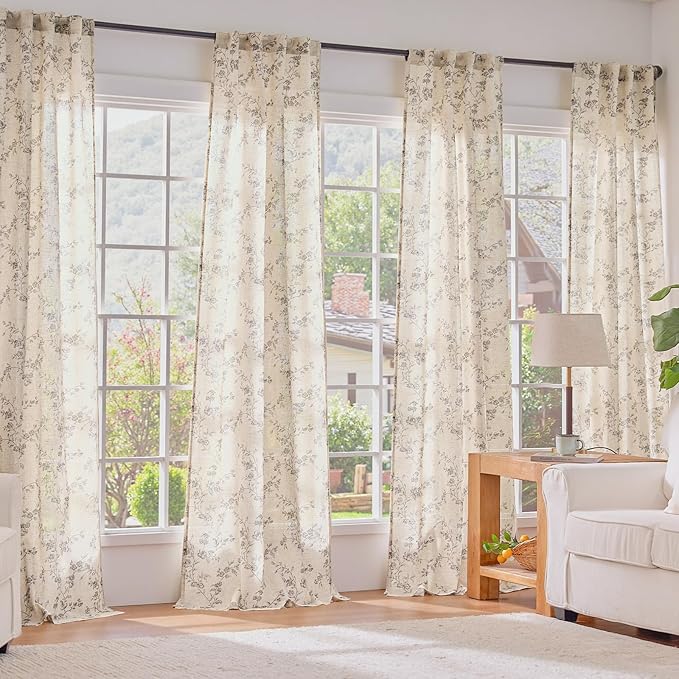 Lazzzy Farmhouse Linen Curtains Extra Long Gray Floral Curtains 108 Inch Long Back Tab Drapes for Living Room Bedroom Light Filtering Country Vintage Rod Pocket, 2 Panels, Grey on Beige