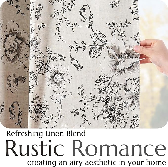 jinchan Blackout Floral Curtains for Living Room Bedroom Linen Blend Curtain Farmhouse Black Printed with Lined Back Tab Rod Pocket Drapes Window Treatments 2 Panels 96 Inch