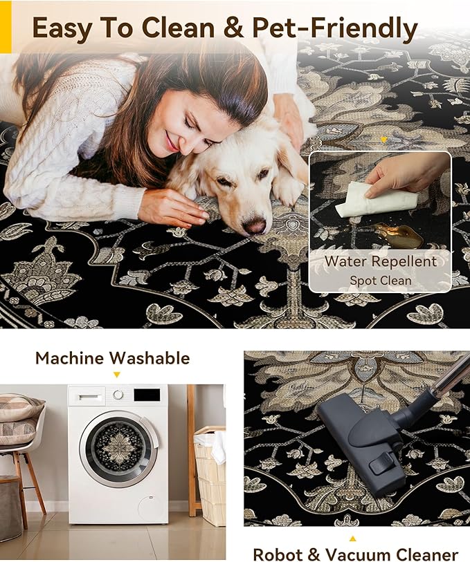 Area Rugs 5ft Washable Non-Slip, Floral Vintage Distress Print Pattern Medallion Carpet for Living Room Bedroom Dining Room, Black Brown Neutral Dark Tan