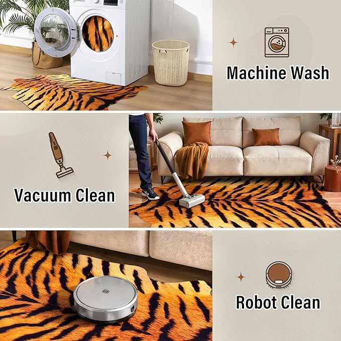 AROGAN Premium Tiger Print Rug 6.2x7 Feet, Machine Washable Faux Fur Rug, Non-Slip Animal Print Hide Tiger Skin Area Rug for Bedroom Living Room Home Decor