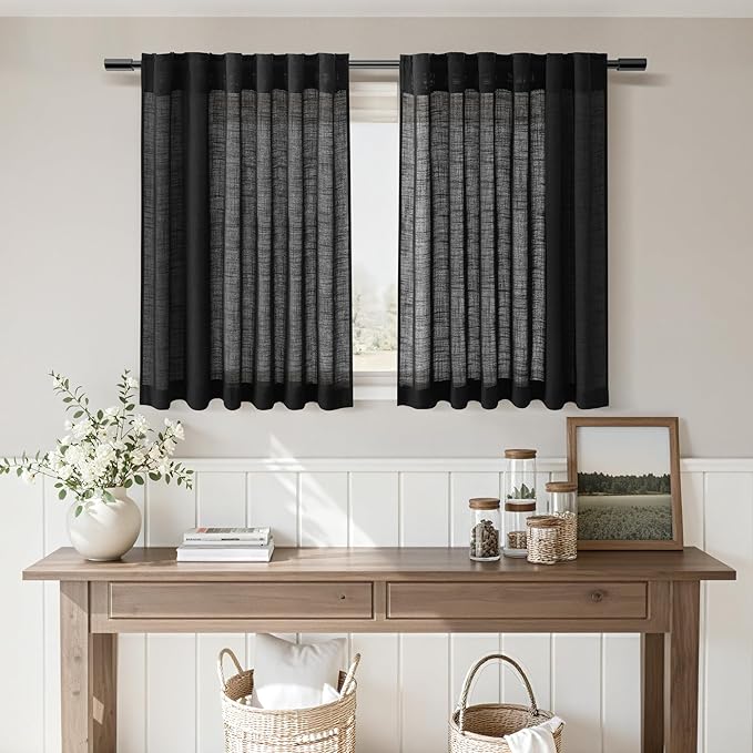 Nanspring Black Short Kitchen Linen Curtains 30 Inch Length Kitchen, Semi Sheer Linen Blend Cafe Curtains Back Tab and Rod Pocket Basement Drapes,2 Panels 30 x 30 Inch