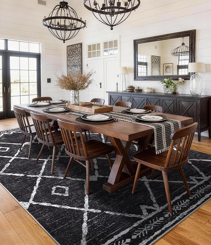 YIHOUSE Moroccan Rugs for Living Room, 8x10 Black and White Aztec Area Rug, Western Geometric Soft Low-Pile Washable Rugs for Bedroom, Dining Room
