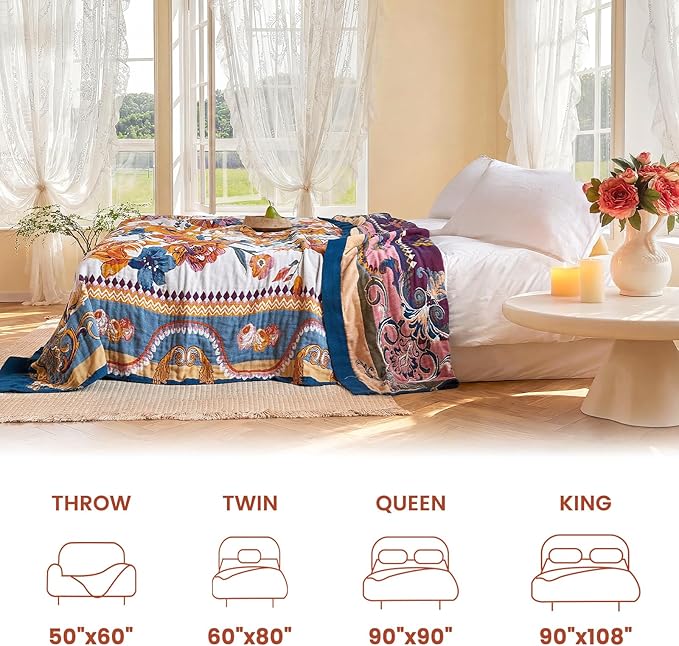 MSGKV Boho Throw Blanket 90"x90" Bed Floral 100% Cotton Blanket Spring Breathable Lightweight Queen Blankets All Seasons Home Decor Muslin