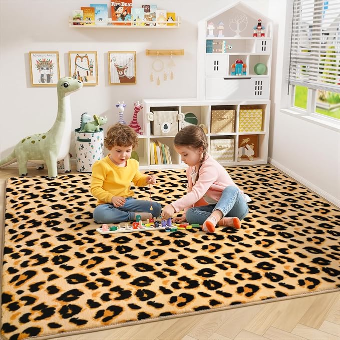 Amearea Soft Leopard Rugs for Bedroom Living Room, 3x5 Modern Cheetah Print Thickened Memory Foam Rug, Fluffy Indoor Washable Animal Rug Carpet for Kids Boys Girls Dorm Nursery Room Home Decor, Khaki