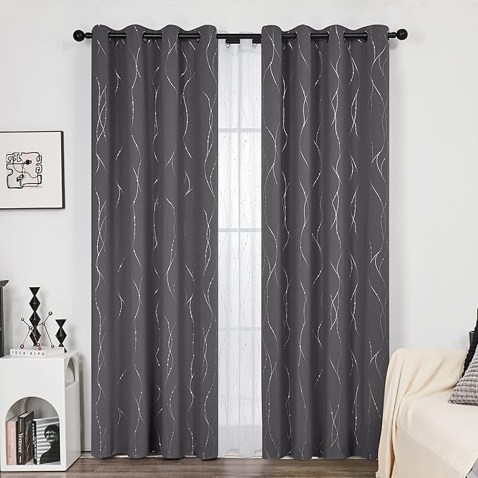Deconovo Grey Blackout Curtains for Bedroom, Thermal Insulated Soundproof Drapes, Wave Dots Foil Print, 52 x 84 Inches Long, 2 Panels, Machine‑Washable Privacy Window Panel for Living Room Patio Door