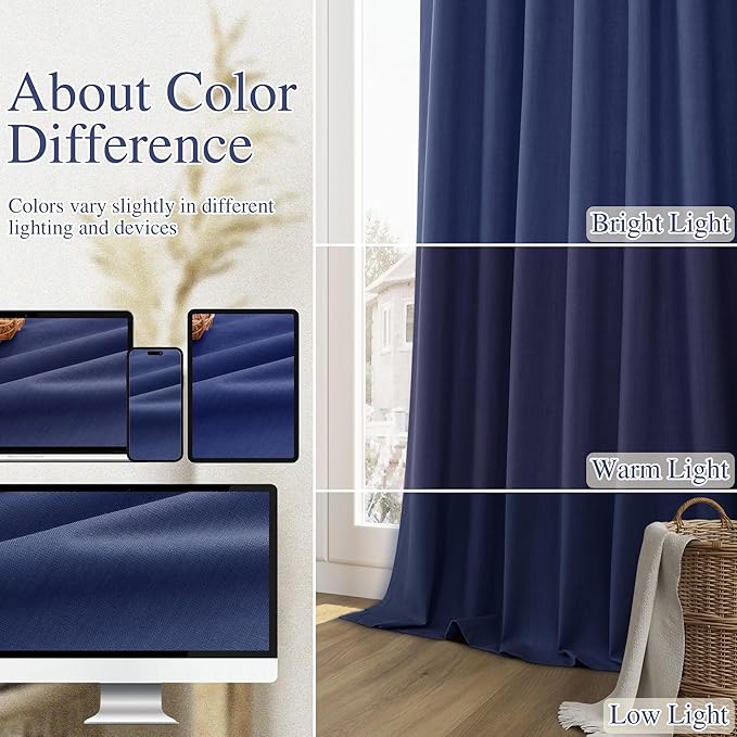 Guken 100% Blackout Curtains 100 Inch Length 2 Panels Set for Living Room Bedroom Back Tab Thermal Insulated Black Out Linen Drapes Room Darkening Window Curtains 100 Inches Long,Classic Blue
