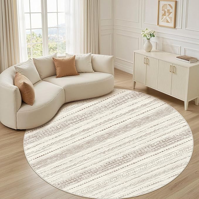 Nakagishi Round Rug Boho Area Rugs: 5x5 Washable Large Circle Neutral Soft Stain Resistant Non-Slip Carpet for Women Aged 25-45 Farmhouse Decor Enthusiasts - Living Room Bedroom Dining Room Nursery