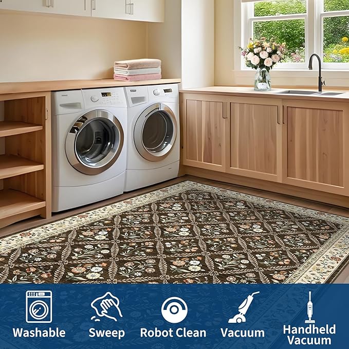 6x9 Machine Washable Area Rugs for Living Room Floral Stain Resistant Soft Carpet Vintage Low Pile Non Slip Non-Shedding Floor Carpet Rugs for Bedroom Nursery Brown