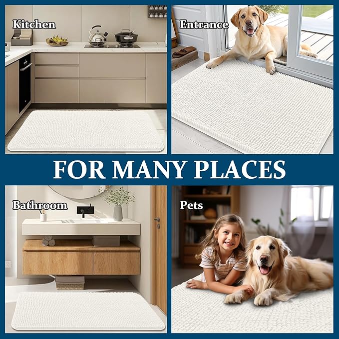 OLANLY Dog Door Mat for Muddy Paws 48x30, Absorbs Moisture and Dirt, Absorbent Non-Slip Washable Doormat, Quick Dry Chenille Mud Mat for Dogs, Entry Indoor Entryway Carpet for Inside Floor, Ivory