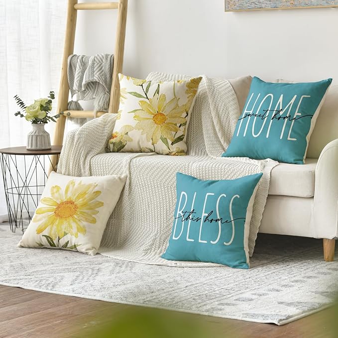 AVOIN colorlife Home Sweet Home Spring Summer Flowers Yellow Throw Pillow Covers, 20 x 20 Inch Blue Cushion Case for Sofa Couch Set of 4