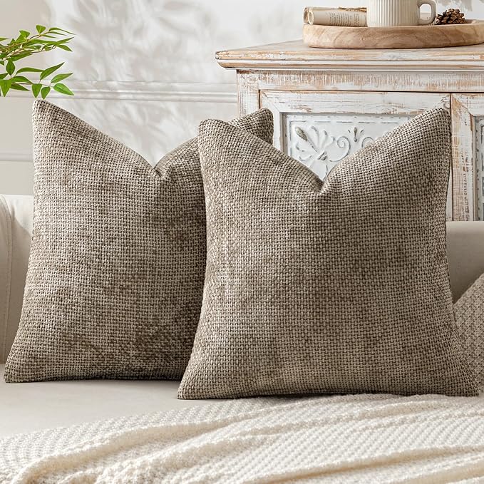 MIULEE Pack of 2 Couch Throw Pillow Covers 16x16 Inch Neutral Khaki Modern Boho Accent Decorative Pillow Covers Soft Chenille Farmhouse Cushion Covers for Home Decor Bed Sofa Living Room