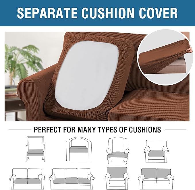 H.VERSAILTEX 4 Piece Stretch Sofa Covers for 3 Cushion Couch Covers for Living Room Furniture Slipcovers (Base Cover Plus 3 Seat Cushion Covers) Upgraded Thicker Jacquard Fabric (Sofa, Caramel)