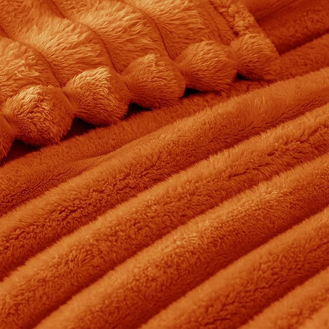 Exclusivo Mezcla Fleece Throw Blanket for Couch, Super Soft Striped Jacquard Bed Blanket, Lightweight Fuzzy Cozy for All Seasons, 50x60 Inches, Burnt Orange