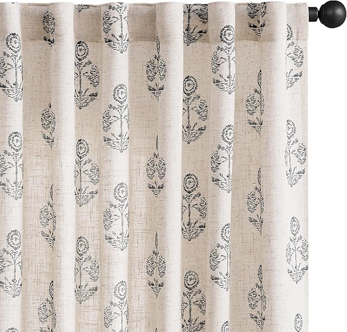 jinchan Linen Floral Curtains for Living Room 84 Inch Length Black Flower Cottage Core Farmhouse Curtains Rod Pocket Back Tab Boho Semi Sheer Window Drapes Bedroom Set 2 Panels Black on Beige
