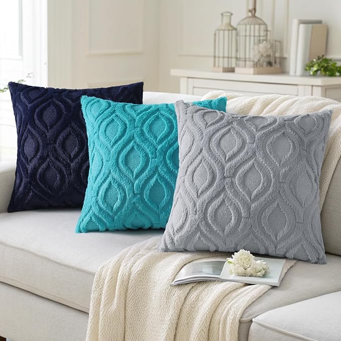 decorUhome Summer Throw Pillow Covers 26x26 Inch Set of 2, Soft Plush Faux Wool Navy Blue Solid Couch Pillow Covers, Accent Euro Sham Farmhouse Neutral Square Pillow Cases for Sofa Bed Living Room