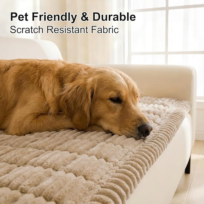 Smiry Couch Cover for Dogs Washable, Non Slip Fuzzy Pet Couch Covers for 3 Cushion Sofa Pet Friendly, Thick Soft Sofa Slipcovers Cushion Protector (Khaki, 27.6" x 27.6")