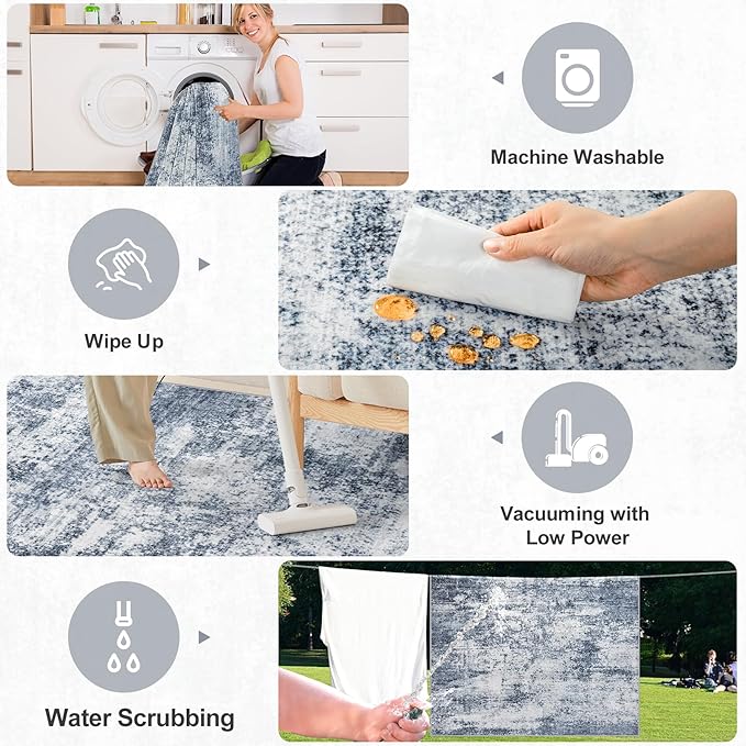 8x10 Area Rugs for Living Room - Washable Rug Modern Abstract Soft Large Neutral Non-Slip Carpet Indoor Floor Thin Carpets for Bedroom Dining Room Farmhouse Nursery Home Office Grey Blue