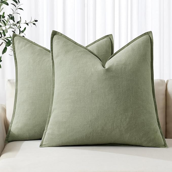 MIULEE Decorative Linen Pillow Covers 20x20 Inch Sage Green Boho Farmhouse Neutral Spring Couch Throw Pillows for Bed Pack of 2 Accent Modern Pillowcase Summer Sofa Livingroom Home Decor