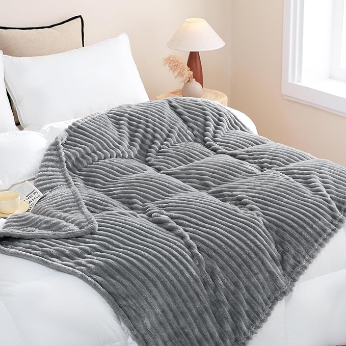 Grey Fleece Throw Blanket 60”×80” for Couch Sofa Bed,Super Soft Cozy Plush Microfiber Flannel Blanket with Stripes Design Lightweight for Adults,Woman,Girls