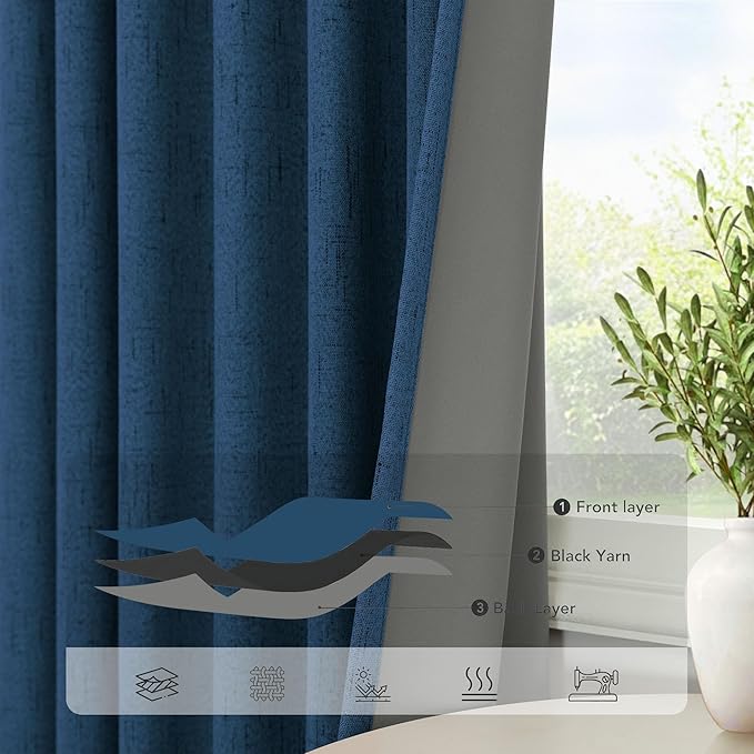 Navy Blue Curtains 108 Inches Long 2 Panel Faux Linen Nautical Modern Farmhouse Blackout Curtain for Bedroom Dining Living Room Divider Drapes Sun Heat Light Blocking Ceiling to Floor Length Dark Blue