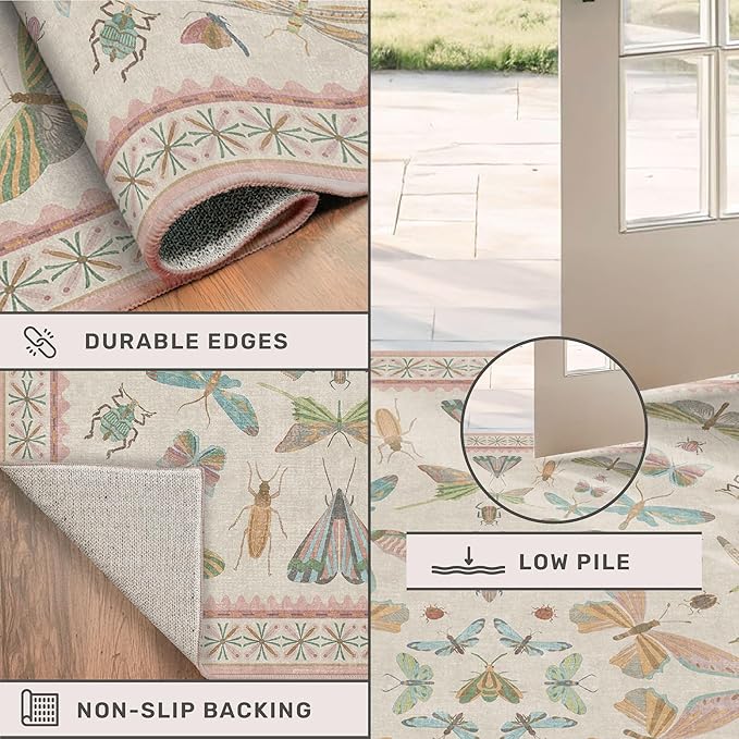 Flower Area Rug for Girls Bedroom - Washable 3x4 Light Pink Large Entryway Rug for Laundry Room, Kitchen, Bedroom, Dorm, Insect Print Vintage Floral Non-Slip Throw Rug Low Pile Stain Resistance