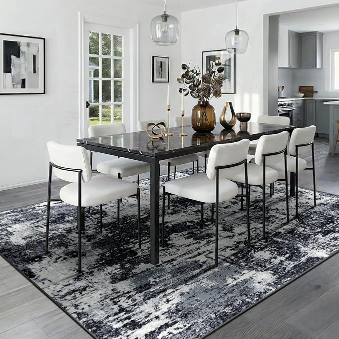 Washable Area Rugs 8'x10' Non-Slip Modern Abstract Soft for Living Room Entryway Bedroom Nursery, Print Pattern, Black Navy Blue Gray