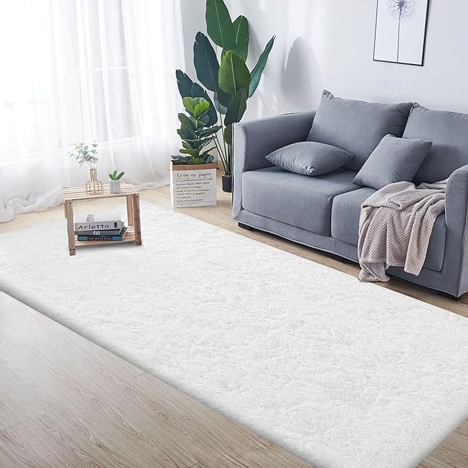 2x6 Runner Rug for Bedroom: Fluffy Shag Soft Washable Rugs Small Fuzzy Plush Indoor Carpet for Hallway Bedside Dorm Kids Girls Boys Room (White, 2'x6')