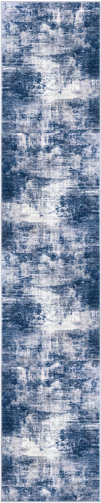 IOHOUZE Abstract Runner Rug 3x14 Ft Washable Runners for Hallways, Non Slip Kitchen Runner Printed Faux Wool Entryway Runner Indoor, Modern Abstract Floor Carpet for Hall Stair, Navy/Grey