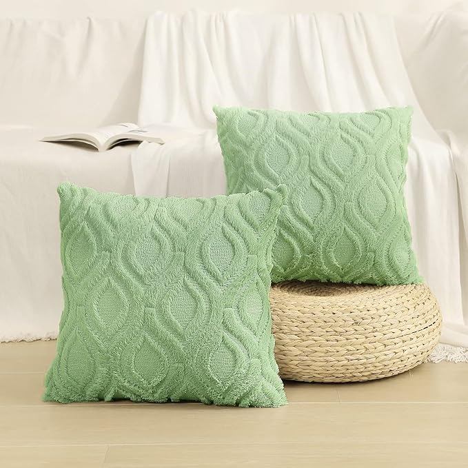 decorUhome Summer Throw Pillow Covers 20x20 Inch Set of 2, Soft Plush Faux Wool Light Sage Green Solid Couch Pillow Covers, Accent Farmhouse Neutral Square Pillow Cases for Sofa Bed Living Room
